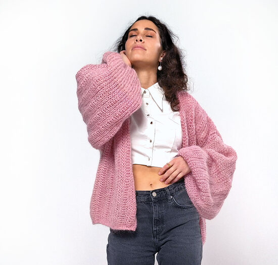 Dusty Rose Mohair Knit Cardigan: Oversized Wool Jacket, Bell Sleeves, code IA16